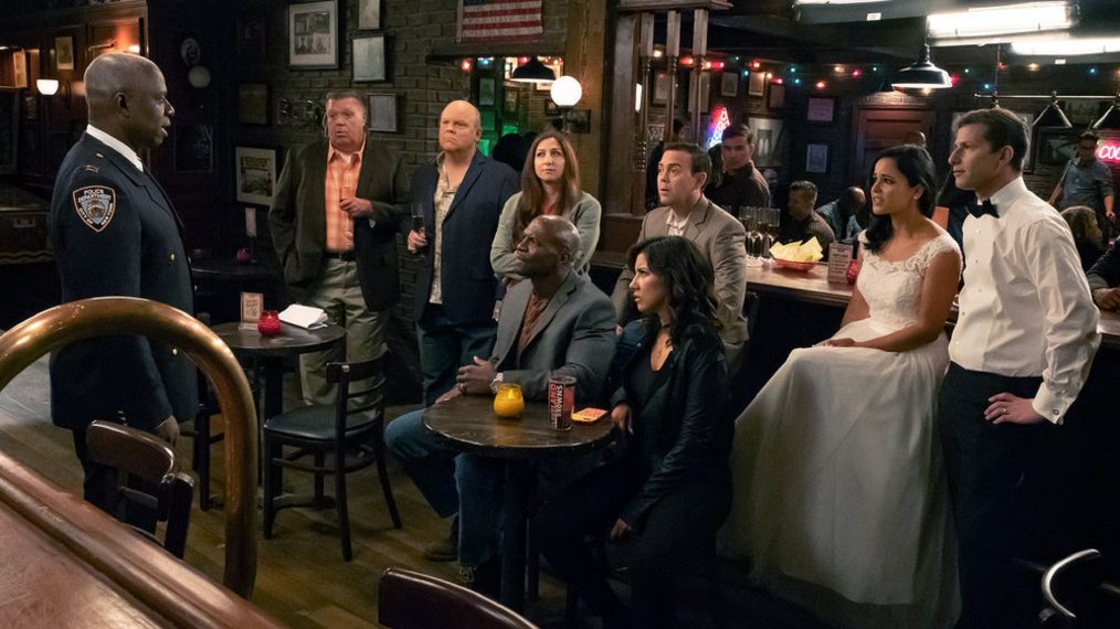 Andre Braugher as Ray Holt, Joel McKinnon Miller as Scully, Dirk Blocker as Hitchcock, Chelsea Peretti as Gina Linetti, Terry Crews as Terry Jeffords, Joe Lo Truglio as Charles Boyle, Stephanie Beatriz as Rosa Diaz, Melissa Fumero as Amy Santiago, Andy Samberg as Jake Peralta in Brooklyn Nine-Nine - Season 6