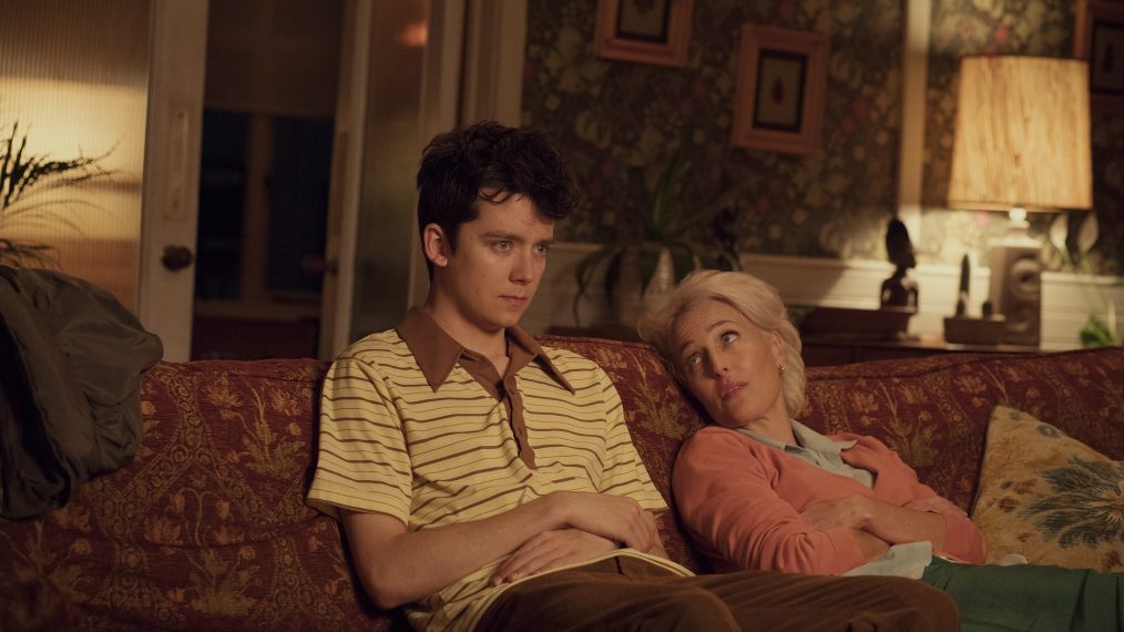 Asa Butterfield and Gillian Anderson on the couch in Sex Education