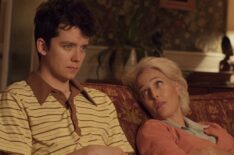 Asa Butterfield and Gillian Anderson on the couch in Sex Education