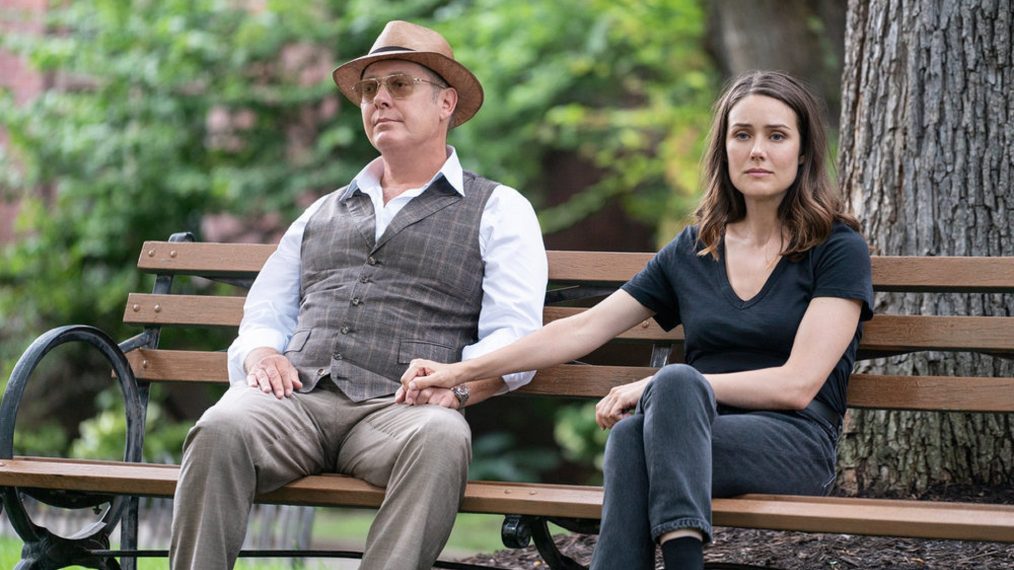The Blacklist - Season 6 - James Spader as Red Reddington and Megan Boone as Elizabeth Keen sit on a park bench