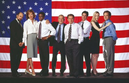 The West Wing cast - Richard Schiff, Allison Janney, Dulé Hill, John Spencer, Martin Sheen, Rob Lowe, Janel Moloney, and Bradley Whitford