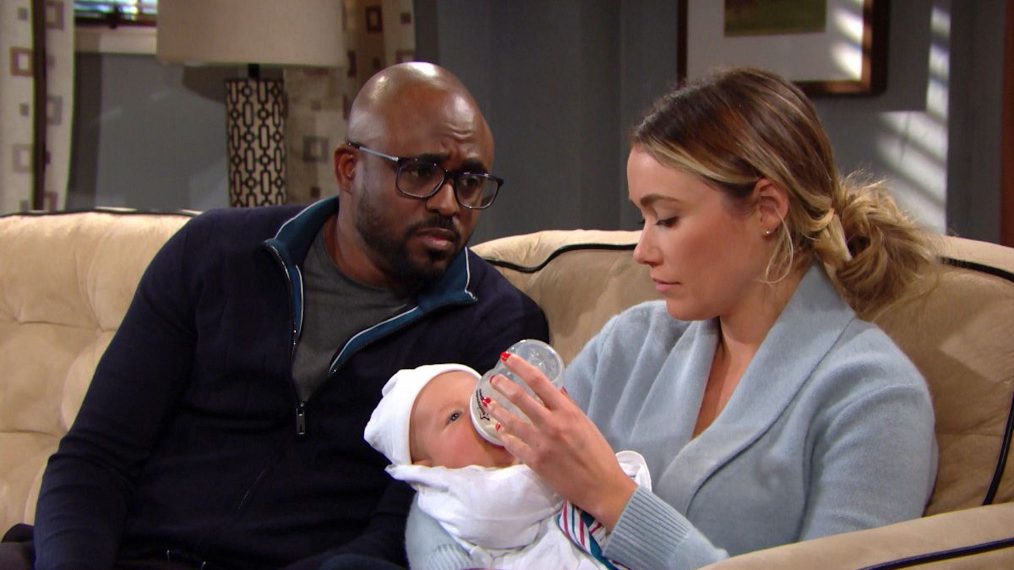 The Bold and the Beautiful - Wayne Brady as Reese Buckingham and Katrina Bowden as Flo with a newborn baby