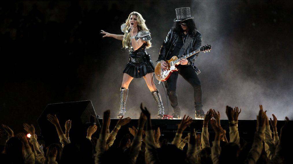 Fergie of the Black Eyed Peas performs with Slash during the Super Bowl XLV Halftime Show