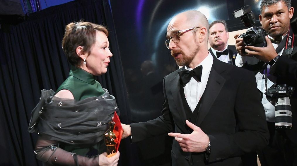 Olivia Colman poses with the award for Best Actress in a Leading Role for 'The Favourite' with presenter Sam Rockwell backstage during the 91st Annual Academy Awards