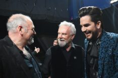 Roger Taylor of Queen and Adam Lambert pose backstage with Spike Edney during the 91st Annual Academy Awards