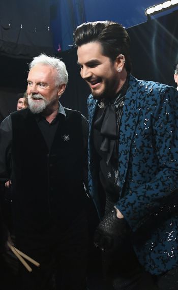 Roger Taylor of Queen and Adam Lambert pose backstage with Spike Edney during the 91st Annual Academy Awards