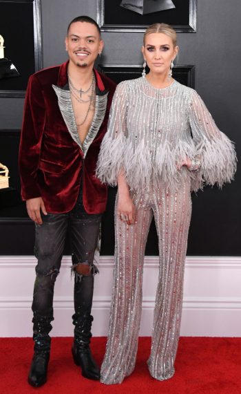 Evan Ross and Ashlee Simpson attend the 61st Annual Grammy Awards
