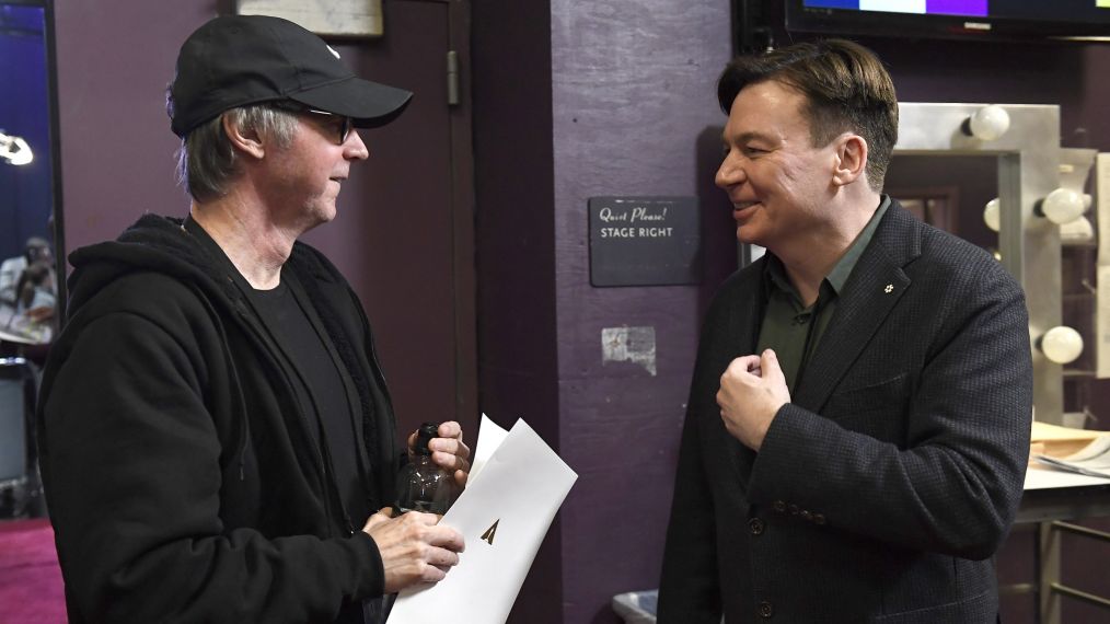 Dana Carvey and Mike Myers speak during the 91st Annual Academy Awards rehearsals