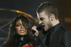 Janet Jackson and surprise guest Justin Timberlake perform during the halftime show at Super Bowl XXXVIII