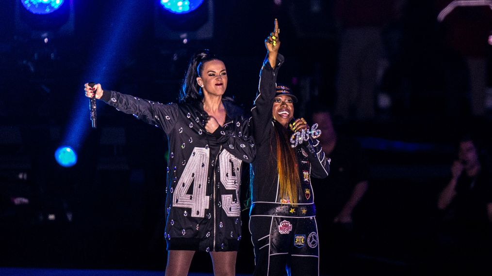 Katy Perry and Missy Elliott perform onstage during the Super Bowl XLIX Halftime Show