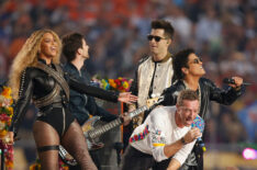 Beyonce, Chris Martin of Coldplay and Bruno Mars perform during Super Bowl 50