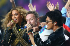 Beyonce, Chris Martin of Coldplay and Bruno Mars perform during the Pepsi Super Bowl 50 Halftime Show