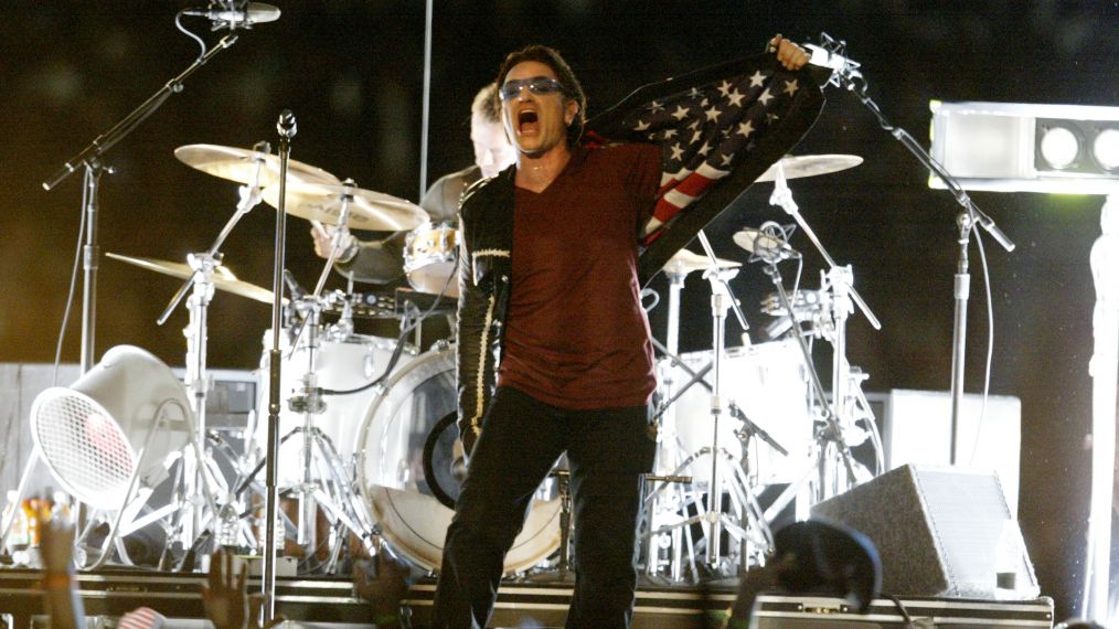 U2 performs during halftime of Super Bowl XXXVI