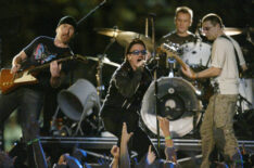 U2 performs during halftime of Super Bowl XXXVI