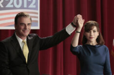 Alicia (Julianna Margulies) joins her estranged husband, Peter (Chris Noth), in a show of support as he announces his candidacy for governor, on The Good Wife