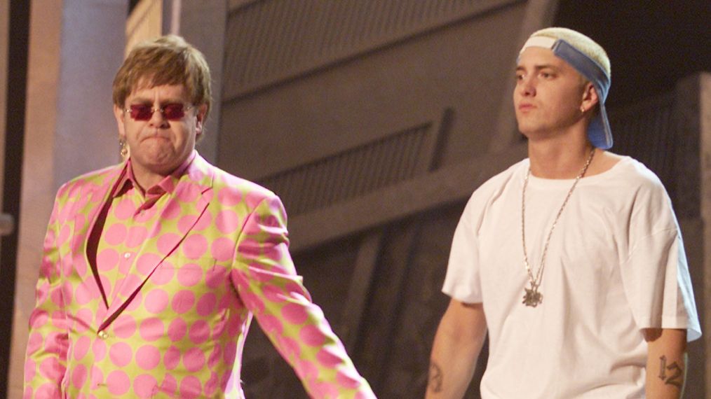 Elton John and Eminem perform at the 43rd Annual Grammy Awards