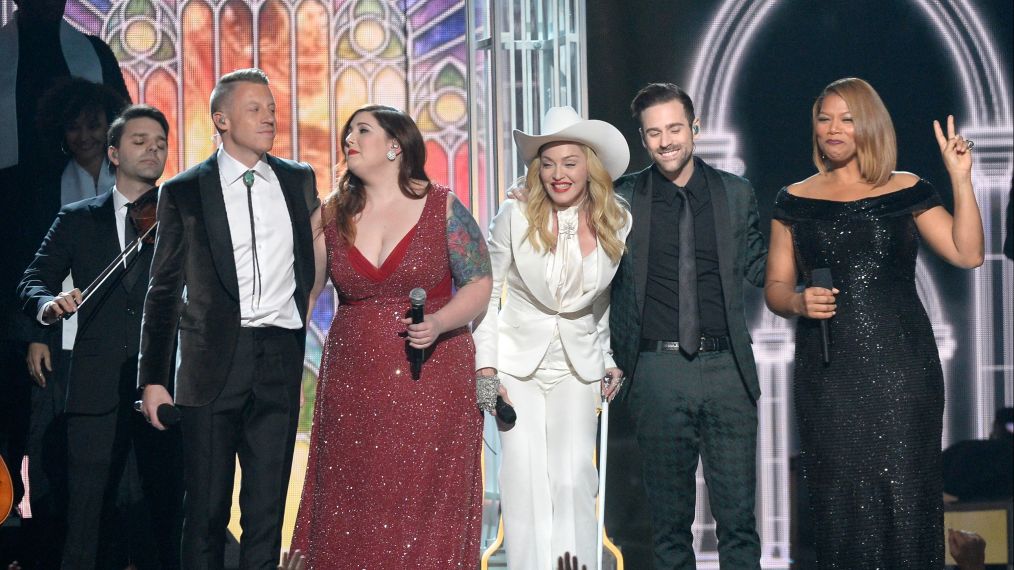 Rapper Macklemore, singers Mary Lambert and Madonna, musicians Ryan Lewis and Queen Latifah perform onstage during the 56th Grammy Awards in 2014