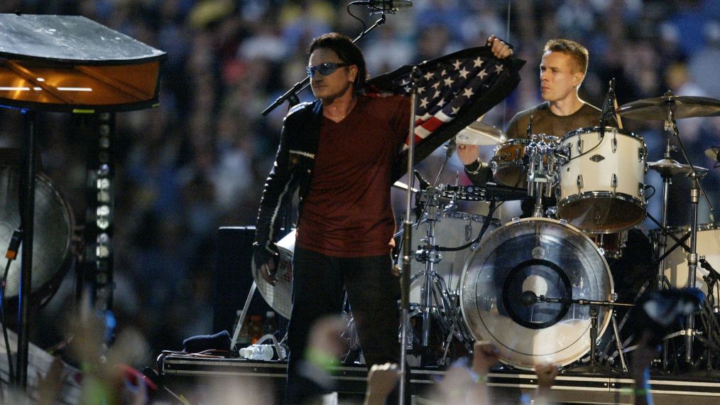 Bono and the band U2 perform during the halftime show at Superbowl XXXVI at the Superdome in New Orleans