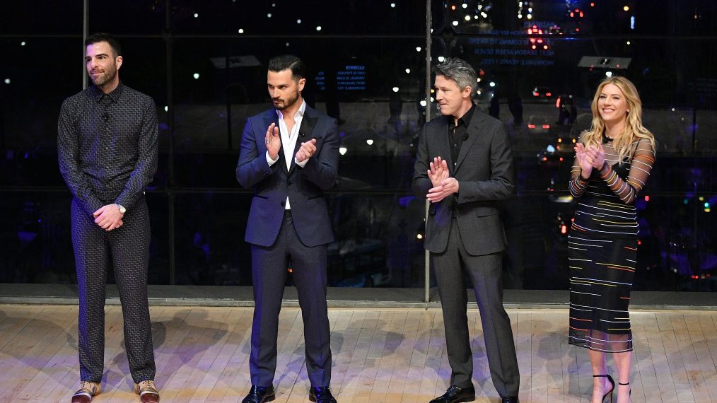 Zachary Quinto, Michael Malarkey, Aidan Gillen, and Katheryn Winnick during the 2019 A+E Networks Upfront