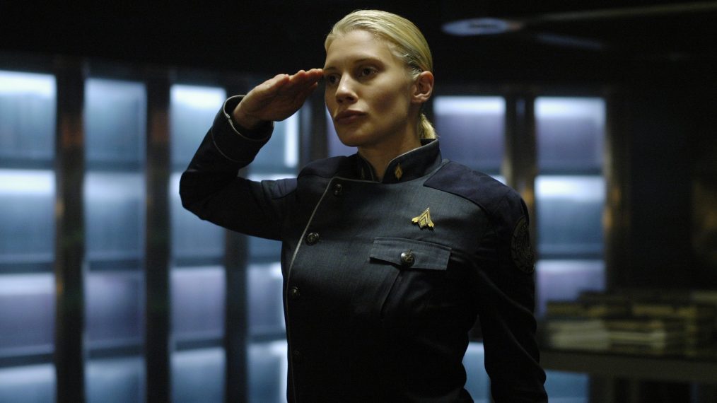 Battlestar Galactica - Katee Sackhoff saluting as Lieutenant Kara 'Starbuck' Thrace