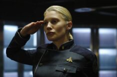 Battlestar Galactica - Katee Sackhoff saluting as Lieutenant Kara 'Starbuck' Thrace