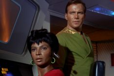 Nichelle Nichols as Lieutenant Uhura and William Shatner as Captain James T. Kirk in the Star Trek episode 'Charlie X' - season 1, episode 2