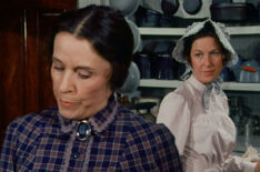 Katherine MacGregor as Harriet Oleson and Karen Grassle as Caroline Ingalls