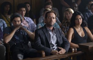 Cole Sprouse as Jughead, Luke Perry as Fred Andrews, Camila Mendes as Veronica on Riverdale