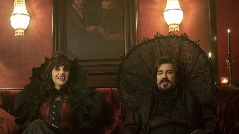 Natasia Demetriou as Nadja and Matt Berry as Laszlo in What We Do in the Shadows