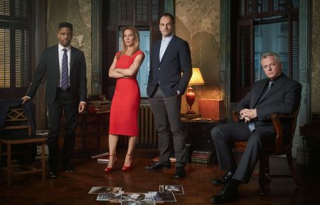 Jon Michael Hill as Detective Marcus Bell, Lucy Liu as Joan Watson, Jonny Lee Miller as Sherlock Holmes, and Aidan Quinn as Captain Thomas Gregson in Elementary