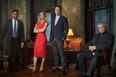 Jon Michael Hill as Detective Marcus Bell, Lucy Liu as Joan Watson, Jonny Lee Miller as Sherlock Holmes, and Aidan Quinn as Captain Thomas Gregson in Elementary