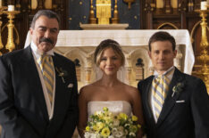 Tom Selleck as Frank Reagan, Vanessa Ray as Eddie, and Will Estes as Jamie Reagan on Blue Bloods on wedding day on Blue Bloods - 'Something Blue'