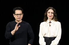 J.J. Abrams and Sara Bareilles speak during an Apple product launch event at the Steve Jobs Theater