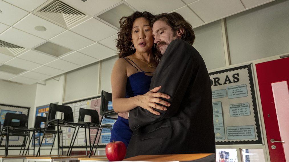 Sandra Oh as Eve and Owen McDonnell as Nico in a schoolroom in Killing Eve