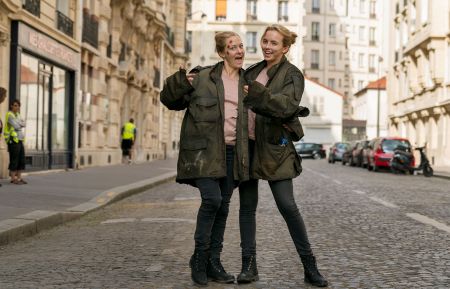 Jodie Comer (Villanelle) and her stunt double, Jessica Hooker in Killing Eve