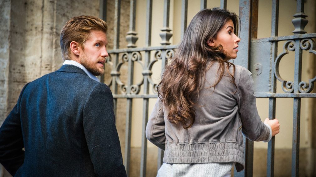 Matt Barr as Danny McNamara and Sofia Pernas as Lexi Vaziri in Blood and Treasure