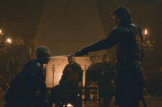 Gwendoline Christie as Brienne of Tarth being knight by Nikolaj Coster-Waldau as Jaime Lannister in Game of Thrones