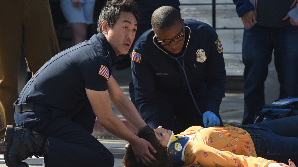 Kenneth Choi, Aisha Hinds and guest star Devin Kelley in the 'Careful What You Wish For' episode of 9-1-1