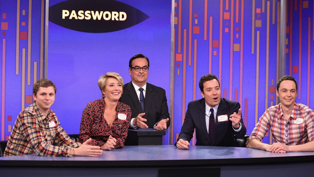 Michael Cera, Emma Thompson, Steve Higgins, Jimmy Fallon, and Jim Parsons play a game of 'Password' during a taping of 'The Tonight Show Starring Jimmy Fallon'