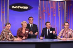 Michael Cera, Emma Thompson, Steve Higgins, Jimmy Fallon, and Jim Parsons play a game of 'Password' during a taping of 'The Tonight Show Starring Jimmy Fallon'