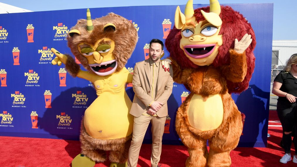 Nick Kroll attends the 2019 MTV Movie and TV Awards with the Hormone Monster and Monstress