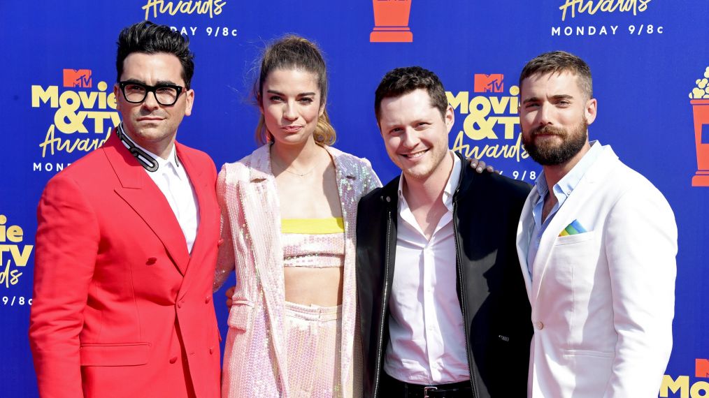 Daniel Levy, Annie Murphy, Noah Reid, and Dustin Milligan attend the 2019 MTV Movie and TV Awards