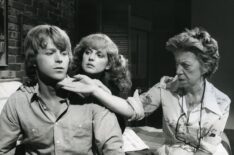 Gloria Monty with Jacklyn Zeman and Kin Shriner on the set of General Hospital in 1980