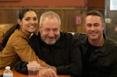 Dick Wolf with Chicago Fire's Miranda Rae Mayo and Taylor Kinney