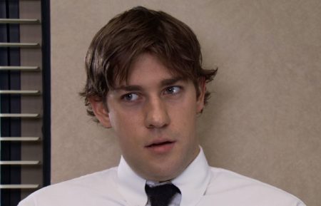 Jim looking suspicious in The Office - John Krasinski