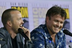 Aaron Paul and Luke Hemsworth speak on stage for the Westworld panel during 2019 Comic-Con International
