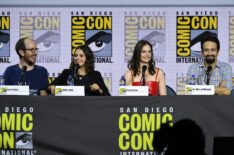 Jack Thorne, Dafne Keen, Ruth Wilson, and Lin-Manuel Miranda speak at the 'His Dark Materials' panel and Q&A during 2019 Comic-Con International