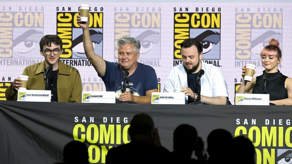 Isaac Hempstead Wright, Conleth Hill, John Bradley, and Maisie Williams speak at the 'Game Of Thrones' Panel And Q&A during 2019 Comic-Con International