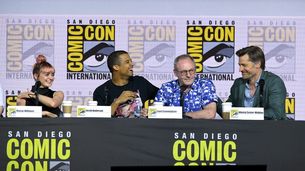 Maisie Williams, Jacob Anderson, Liam Cunningham and Nikolaj Coster-Waldau speak at the 'Game Of Thrones' Panel And Q&A during 2019 Comic-Con International