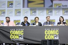 Seth Rogen, Dominic Cooper, Ruth Negga, Mark Harelik, and Julie Ann Emery attend the Preacher Panel at Comic Con 2019